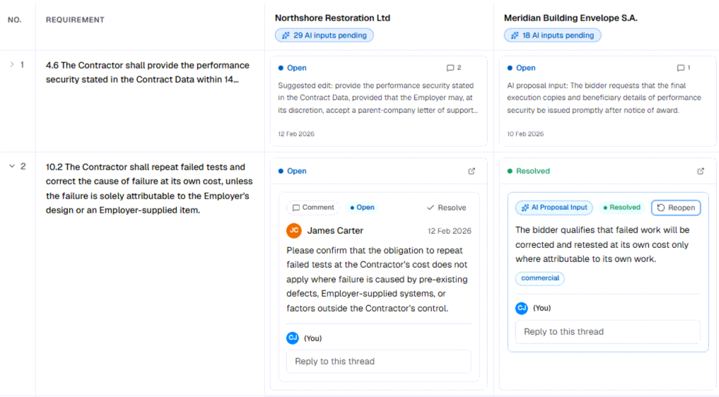 Kontrad Collaboration Matrix: two bidders — Northshore and Meridian — reviewed side by side against each requirement, showing AI-extracted proposal inputs, clarification threads and open and resolved review states.